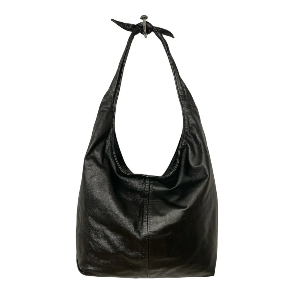 VTG Black Genuine Leather Patchwork Hobo Bag Boho Slouchy Shoulder Purse